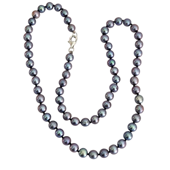 Peacock Blue Pearl Necklace 925 Sterling Silver Clasp Hand Knotted A0039 - Picture 5 of 15